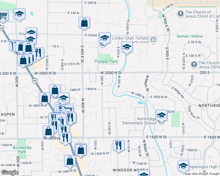 map of restaurants, bars, coffee shops, grocery stores, and more near 1886 North 240 West in Orem