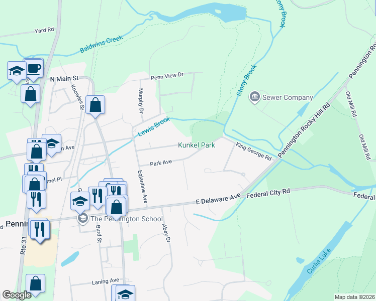 map of restaurants, bars, coffee shops, grocery stores, and more near 19 Park Avenue in Pennington