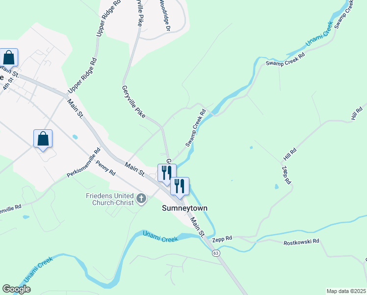 map of restaurants, bars, coffee shops, grocery stores, and more near 39-78 Creek Lane in Green Lane