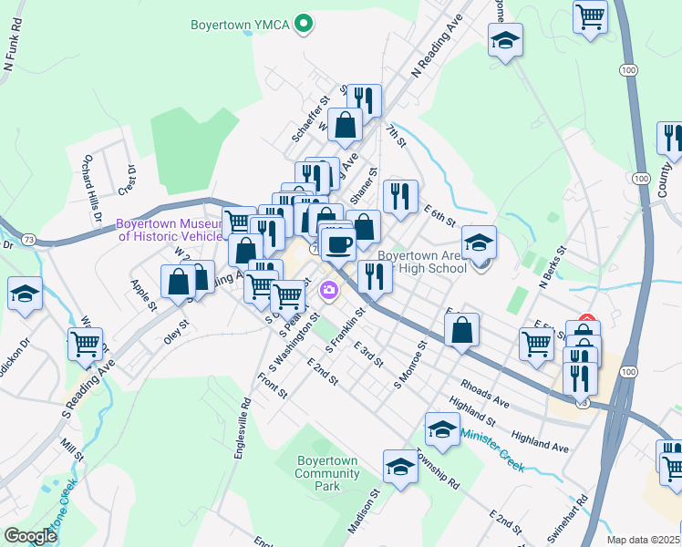 map of restaurants, bars, coffee shops, grocery stores, and more near 120R East Philadelphia Avenue in Boyertown