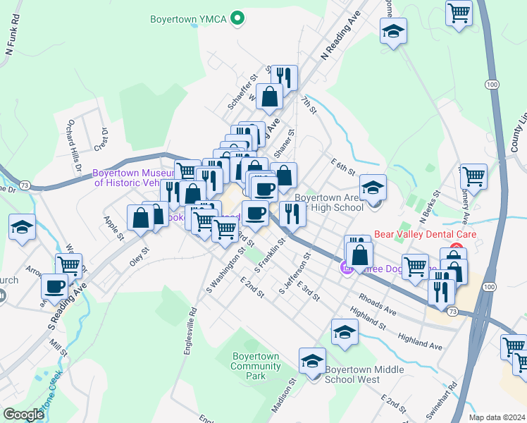 map of restaurants, bars, coffee shops, grocery stores, and more near 120R East Philadelphia Avenue in Boyertown