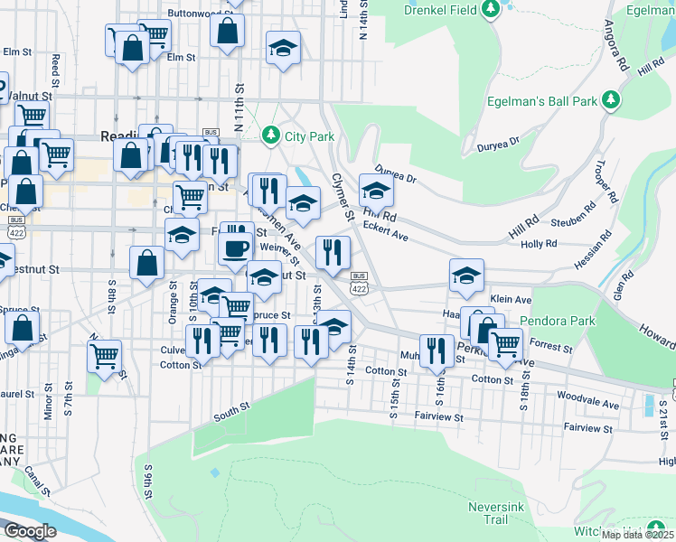 map of restaurants, bars, coffee shops, grocery stores, and more near 1319 Mineral Spring Road in Reading