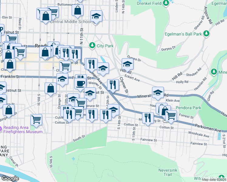 map of restaurants, bars, coffee shops, grocery stores, and more near 1265 Perkiomen Avenue in Reading