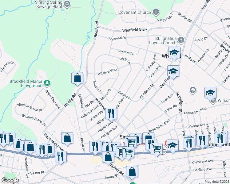map of restaurants, bars, coffee shops, grocery stores, and more near 3101 Linda Lane in Reading