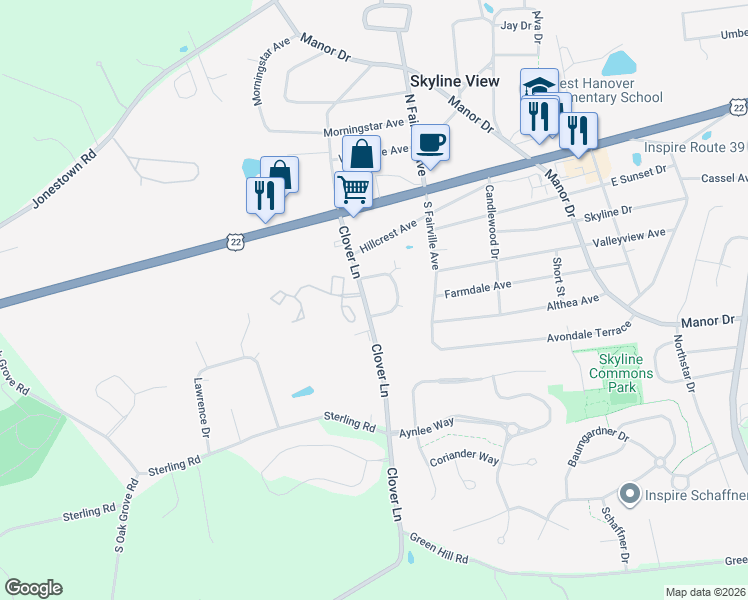 map of restaurants, bars, coffee shops, grocery stores, and more near 255 Meadow Lane in Harrisburg