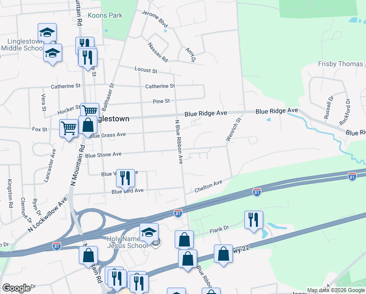 map of restaurants, bars, coffee shops, grocery stores, and more near 6308 Blue Stone Avenue in Harrisburg
