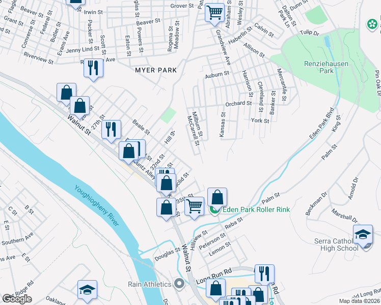 map of restaurants, bars, coffee shops, grocery stores, and more near 2810 Lafayette Street in McKeesport