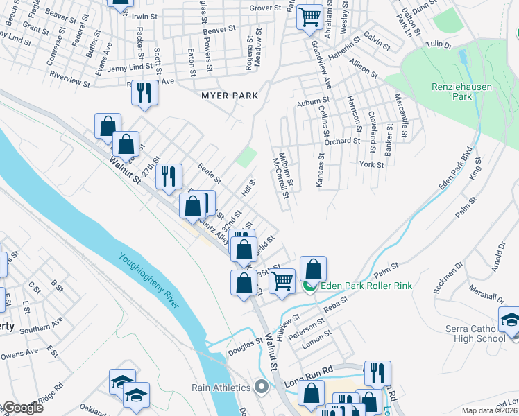 map of restaurants, bars, coffee shops, grocery stores, and more near 3211 Beale Street in McKeesport