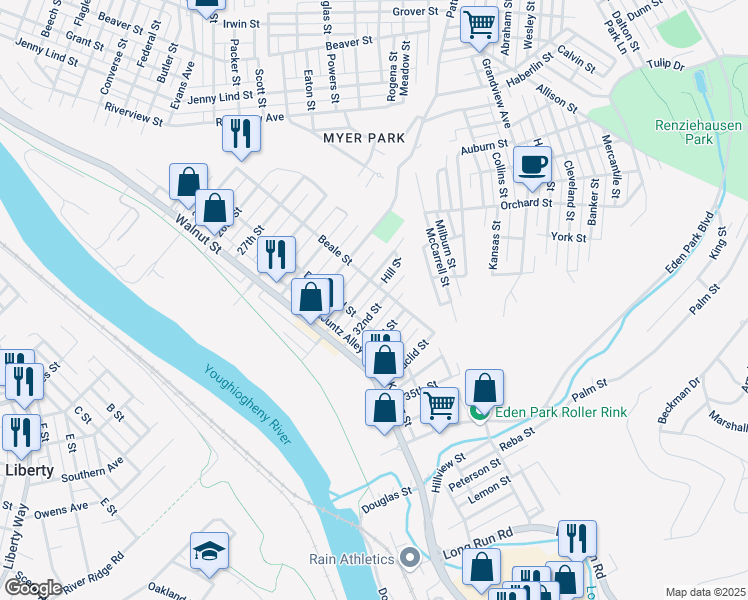 map of restaurants, bars, coffee shops, grocery stores, and more near 414 31st Street in McKeesport
