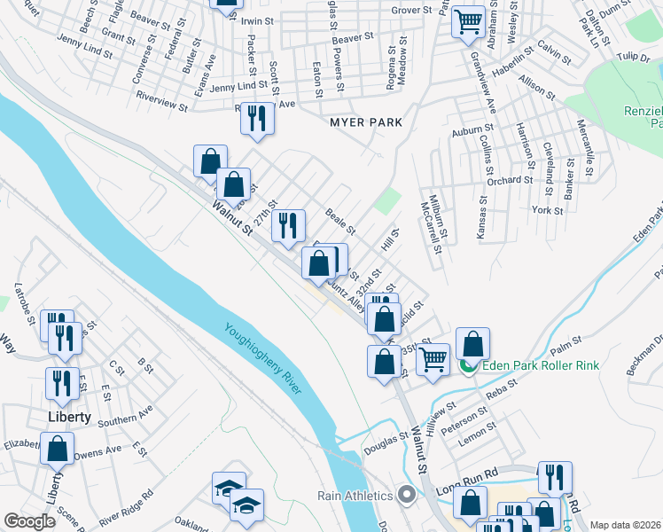 map of restaurants, bars, coffee shops, grocery stores, and more near 321 31st Street in McKeesport