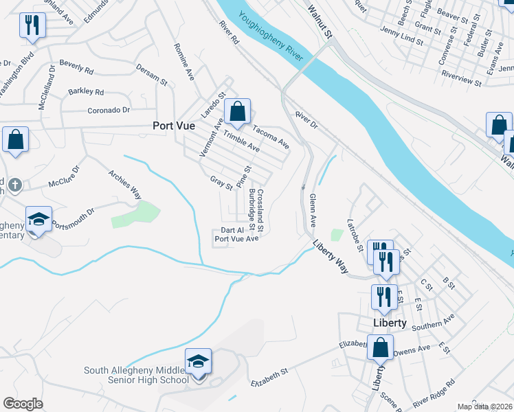 map of restaurants, bars, coffee shops, grocery stores, and more near 721 Burbridge Street in McKeesport