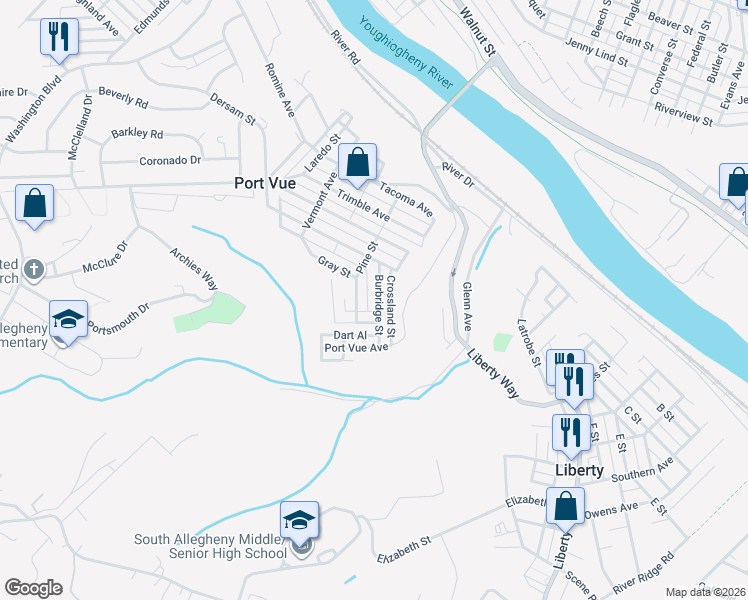 map of restaurants, bars, coffee shops, grocery stores, and more near 721 Burbridge Street in McKeesport