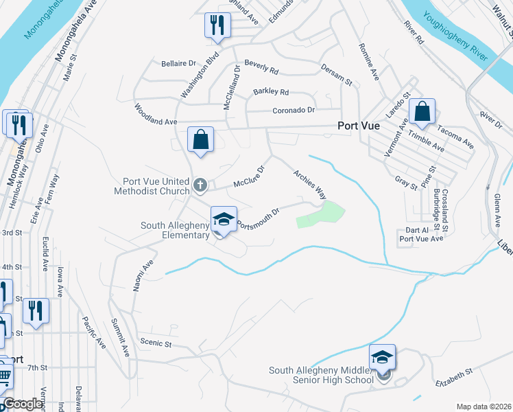 map of restaurants, bars, coffee shops, grocery stores, and more near 110 June Drive in McKeesport