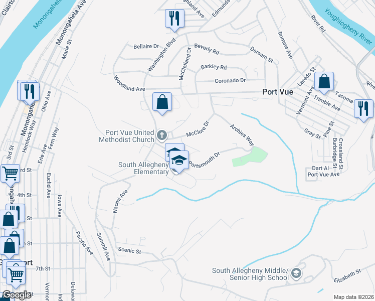 map of restaurants, bars, coffee shops, grocery stores, and more near 1121 Portsmouth Drive in McKeesport