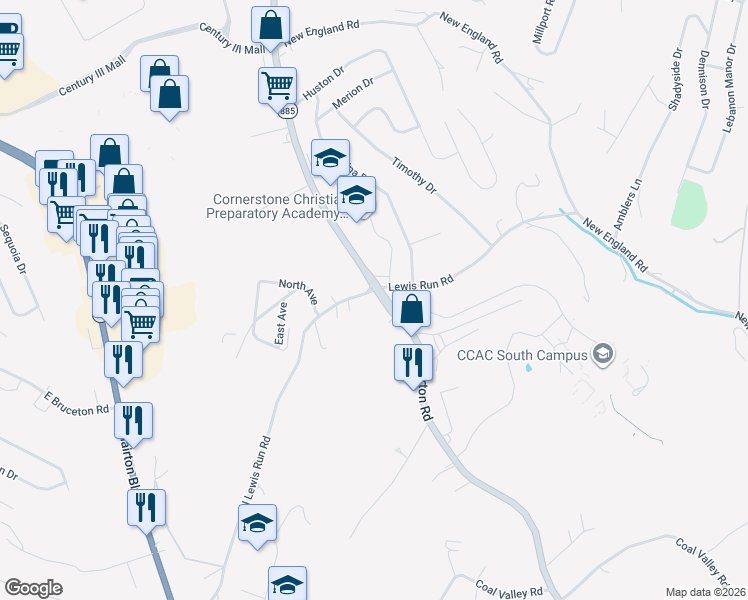 map of restaurants, bars, coffee shops, grocery stores, and more near 1751 Clairton Road in West Mifflin