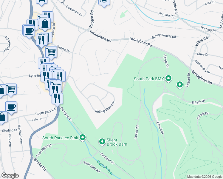 map of restaurants, bars, coffee shops, grocery stores, and more near 700 Rolling Green Drive in Bethel Park