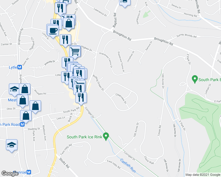 map of restaurants, bars, coffee shops, grocery stores, and more near 771 Rolling Green Drive in Bethel Park