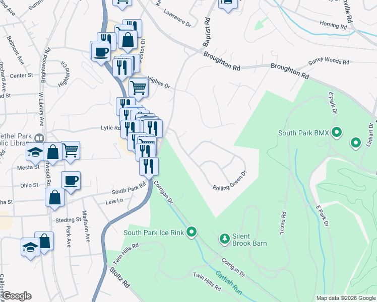 map of restaurants, bars, coffee shops, grocery stores, and more near 780 Rolling Green Drive in Bethel Park