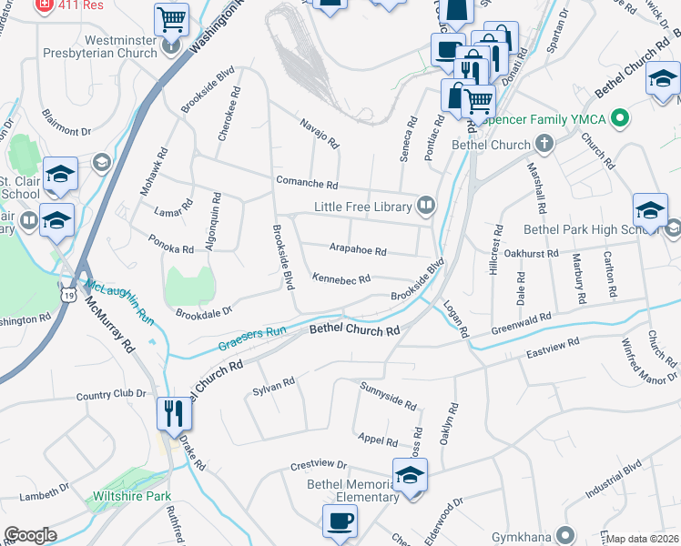map of restaurants, bars, coffee shops, grocery stores, and more near 3232 Kennebec Road in Pittsburgh