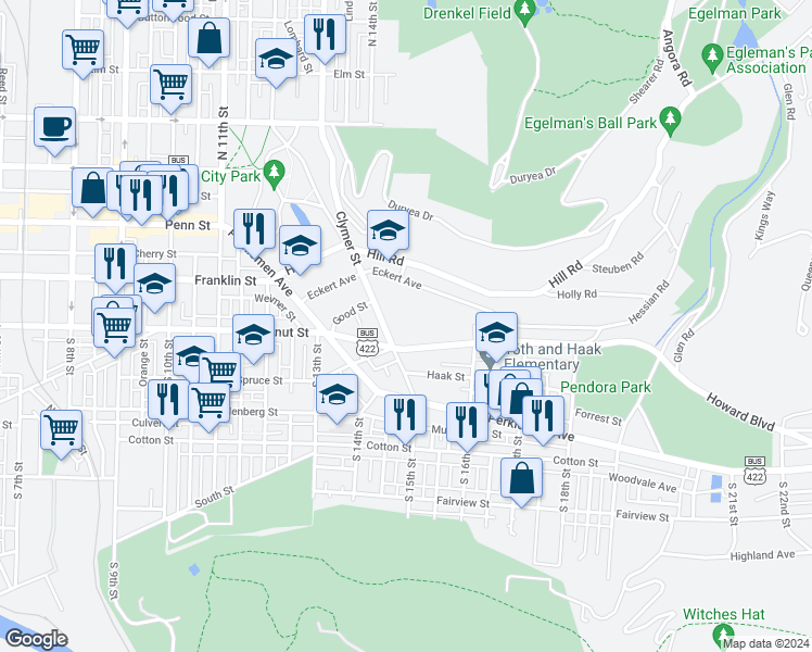 map of restaurants, bars, coffee shops, grocery stores, and more near 1501 Mineral Spring Road in Reading