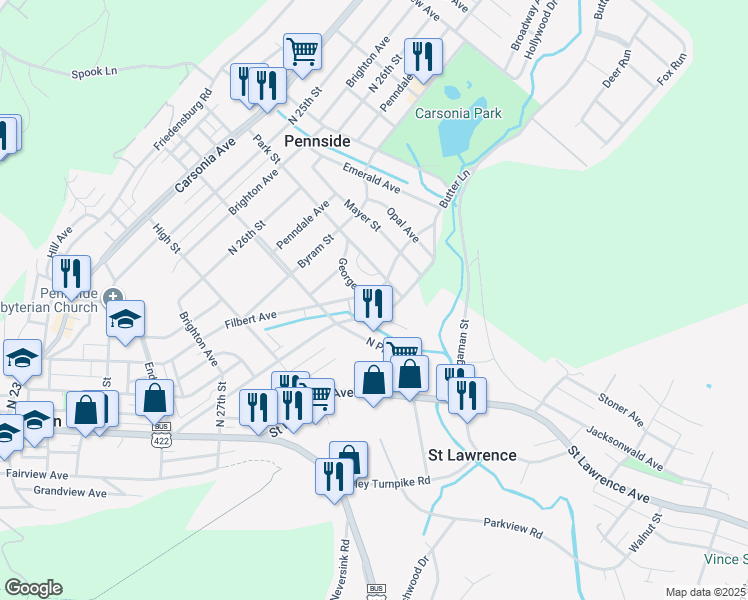 map of restaurants, bars, coffee shops, grocery stores, and more near 3000 Filbert Avenue in Reading