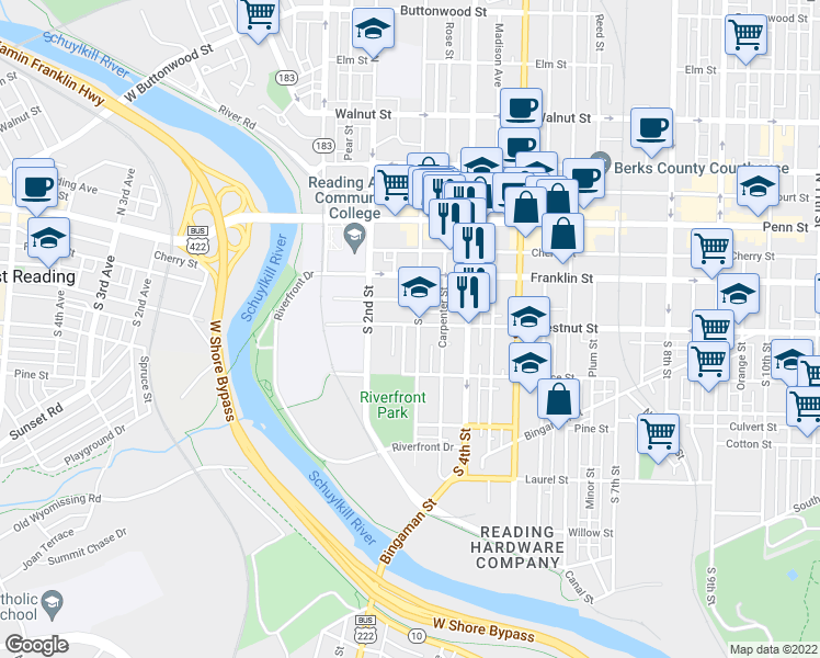 map of restaurants, bars, coffee shops, grocery stores, and more near 200 South 3rd Street in Reading