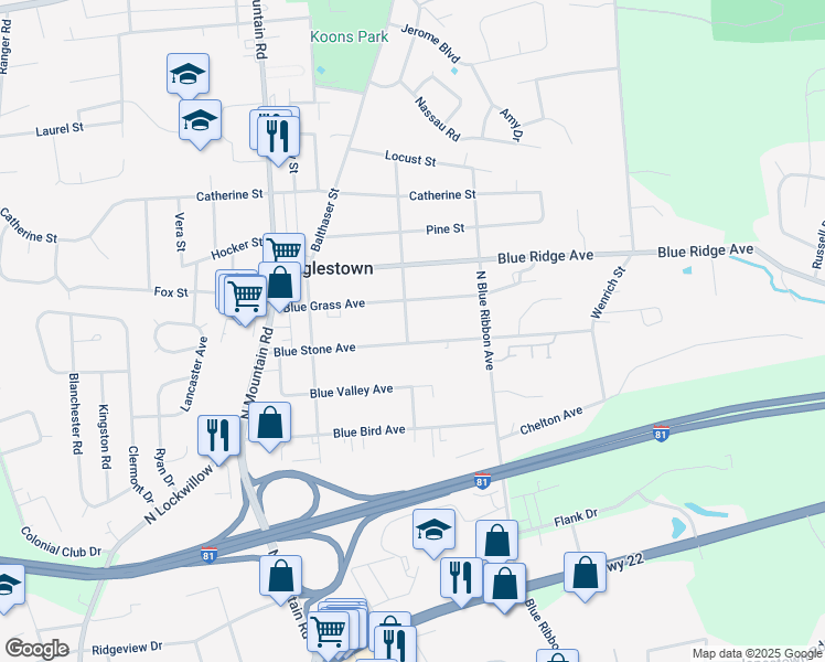 map of restaurants, bars, coffee shops, grocery stores, and more near 611 Blue Bell Avenue in Harrisburg