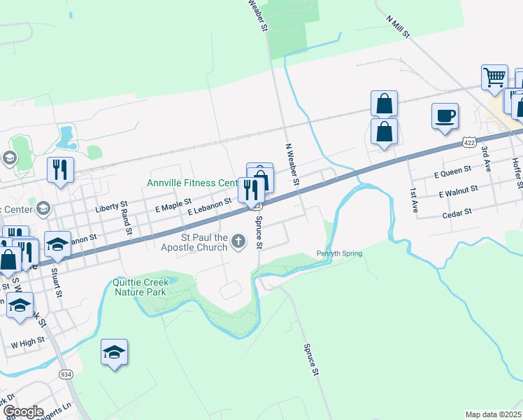 map of restaurants, bars, coffee shops, grocery stores, and more near 804 East Main Street in Annville