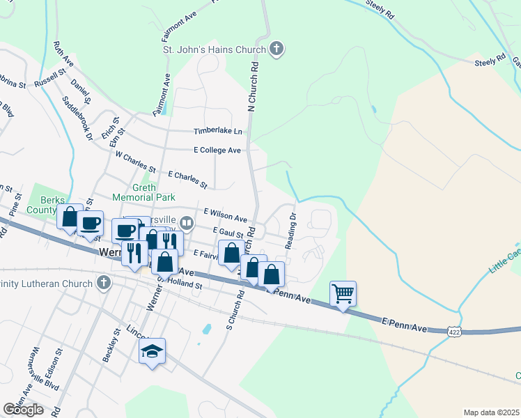 map of restaurants, bars, coffee shops, grocery stores, and more near 329 North Church Road in Wernersville