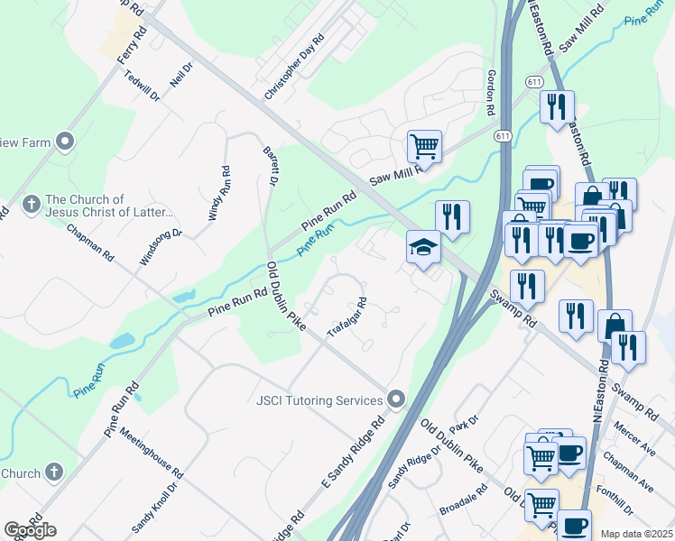 map of restaurants, bars, coffee shops, grocery stores, and more near 64 Charing Cross Road in Doylestown