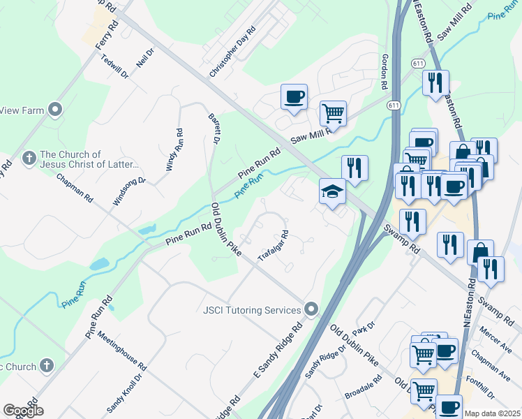 map of restaurants, bars, coffee shops, grocery stores, and more near 64 Charing Cross Road in Doylestown