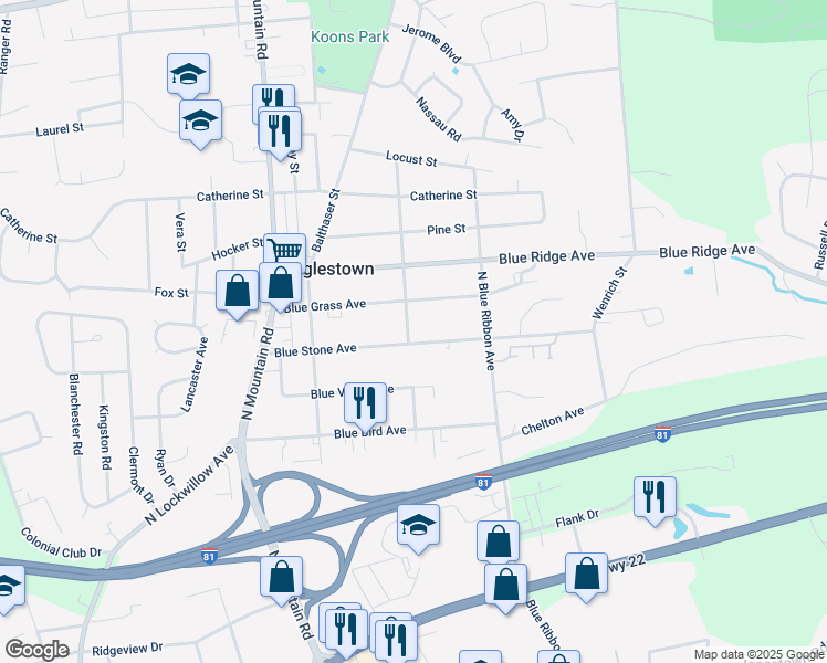 map of restaurants, bars, coffee shops, grocery stores, and more near 611 Blue Bell Avenue in Harrisburg