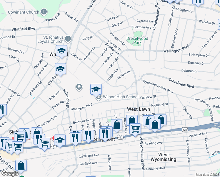map of restaurants, bars, coffee shops, grocery stores, and more near 514 Berks Place in West Lawn