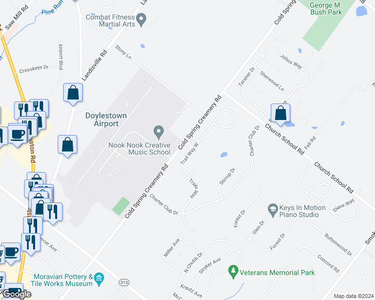 map of restaurants, bars, coffee shops, grocery stores, and more near 3951 Trail Way East in Doylestown