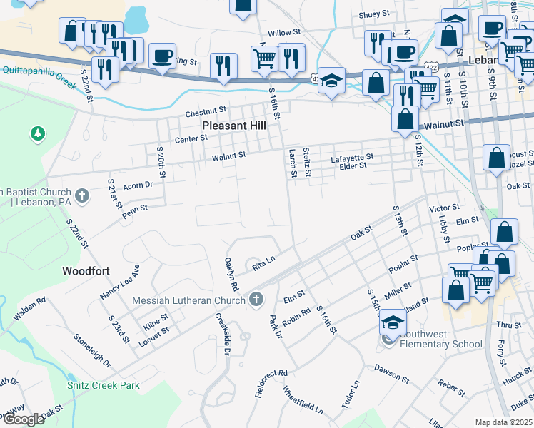 map of restaurants, bars, coffee shops, grocery stores, and more near 1605 Green Lane in Lebanon