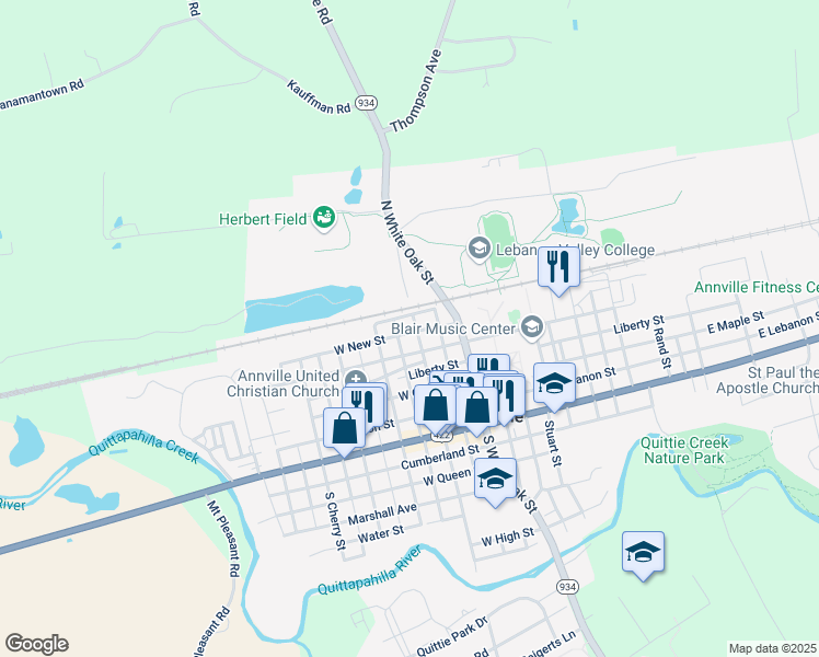 map of restaurants, bars, coffee shops, grocery stores, and more near 224 North Lancaster Street in Annville