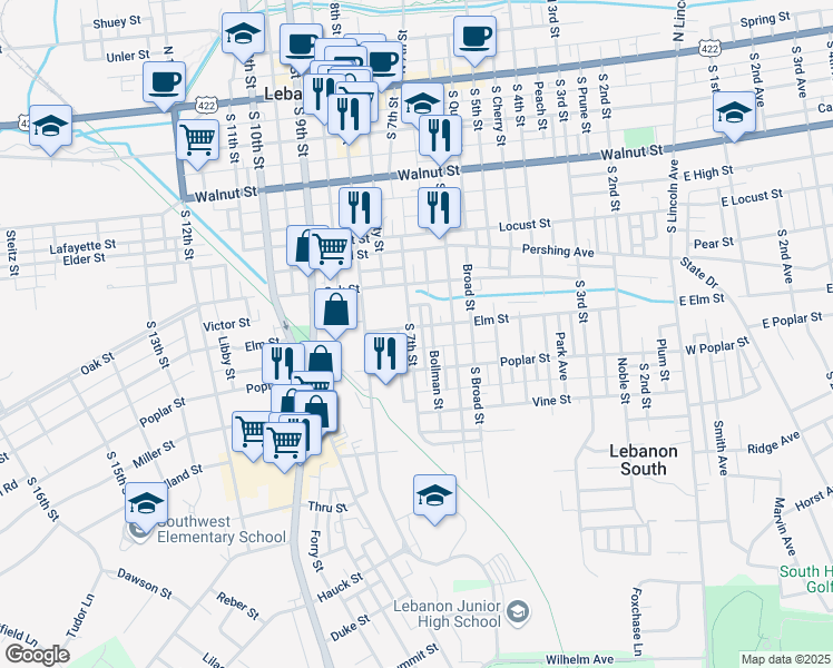 map of restaurants, bars, coffee shops, grocery stores, and more near 504 South 7th Street in Lebanon