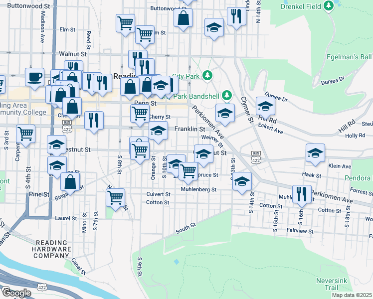 map of restaurants, bars, coffee shops, grocery stores, and more near 150 South 11th Street in Reading