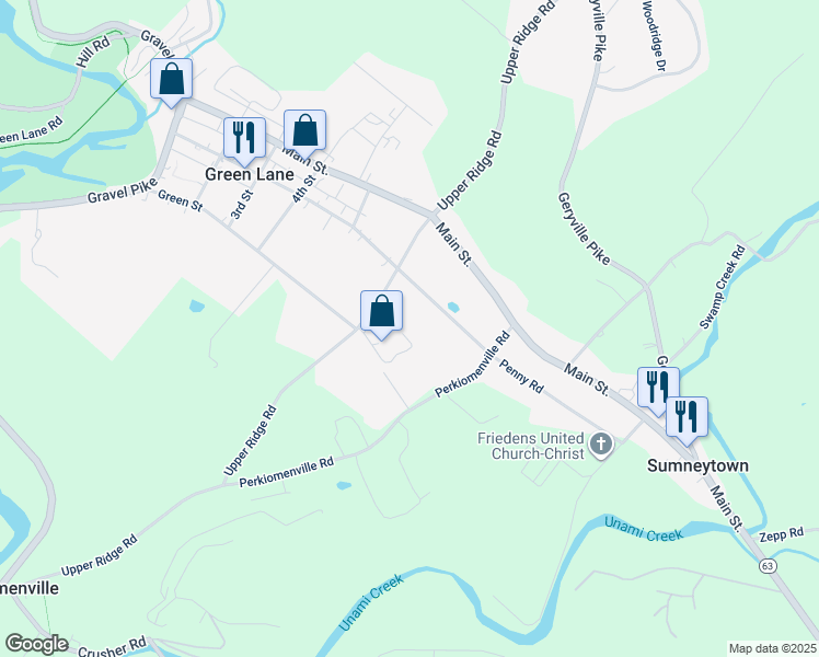 map of restaurants, bars, coffee shops, grocery stores, and more near 6523 Upper Ridge Road in Green Lane