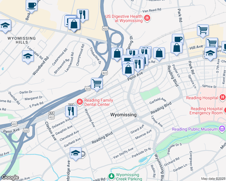 map of restaurants, bars, coffee shops, grocery stores, and more near 1286 Penn Avenue in Wyomissing