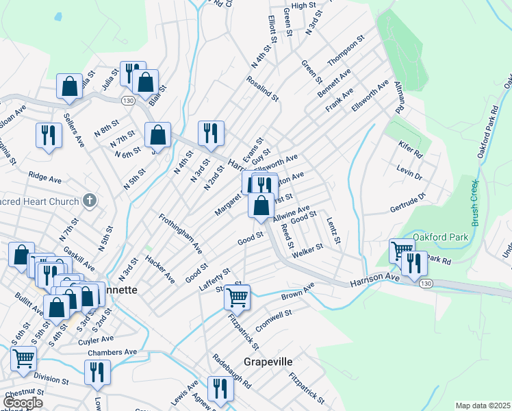 map of restaurants, bars, coffee shops, grocery stores, and more near 500 Harrison Avenue in Jeannette