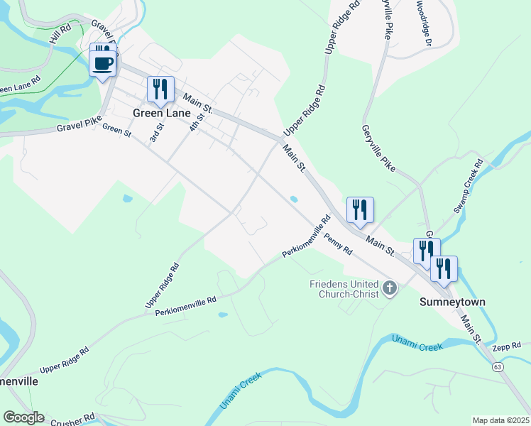 map of restaurants, bars, coffee shops, grocery stores, and more near 6523 Upper Ridge Road in Green Lane