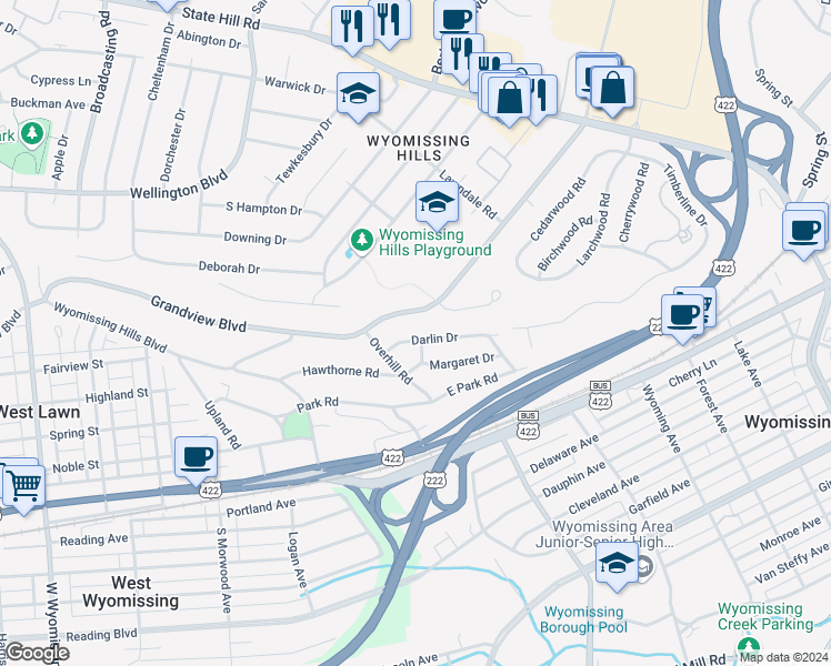 map of restaurants, bars, coffee shops, grocery stores, and more near 9 Darlin Drive in Reading