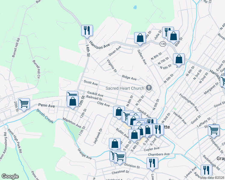 map of restaurants, bars, coffee shops, grocery stores, and more near 904 Scott Avenue in Jeannette