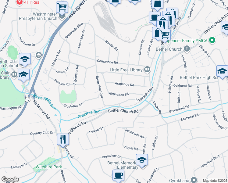 map of restaurants, bars, coffee shops, grocery stores, and more near 3232 Kennebec Rd in Pittsburgh