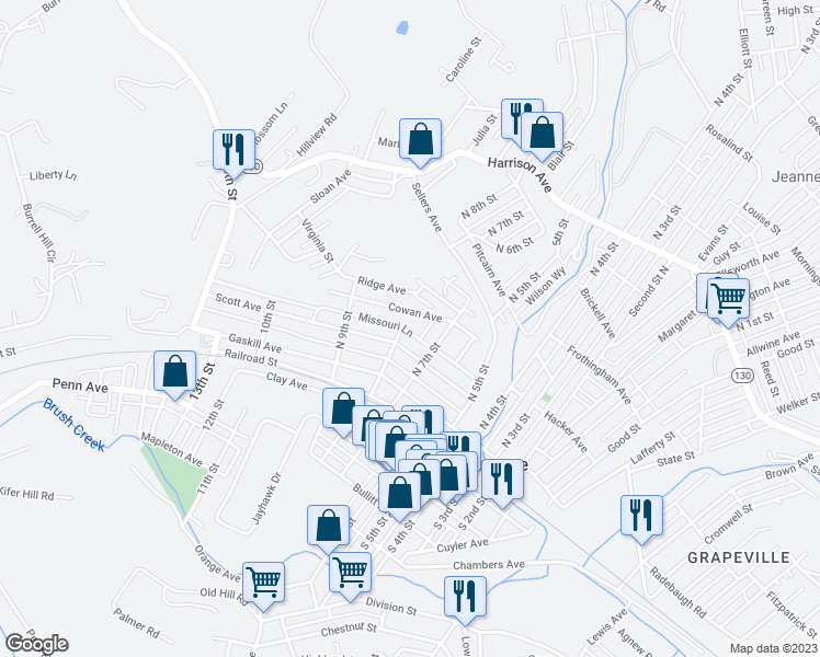 map of restaurants, bars, coffee shops, grocery stores, and more near 300 North 8th Street in Jeannette