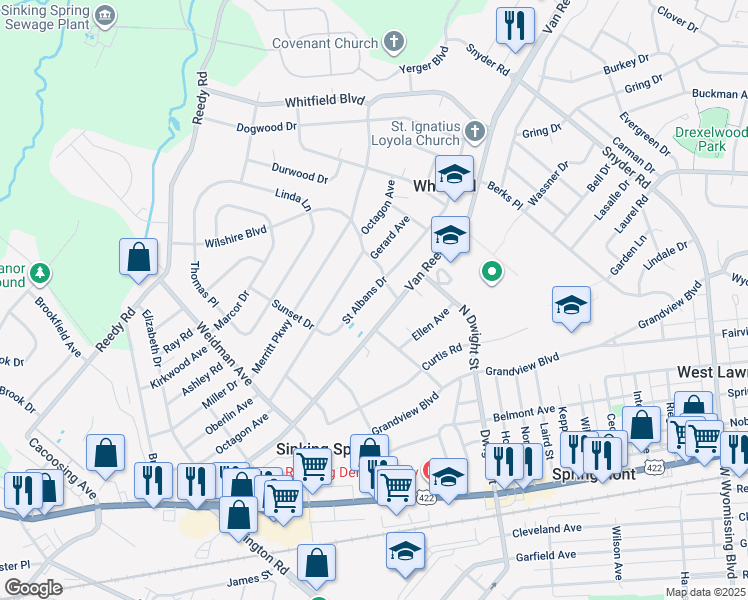 map of restaurants, bars, coffee shops, grocery stores, and more near 3035 Van Reed Road in Sinking Spring