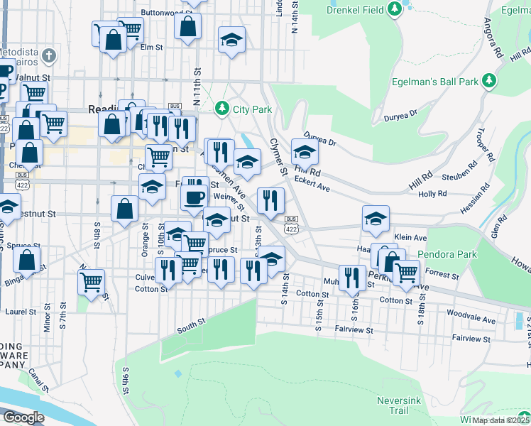 map of restaurants, bars, coffee shops, grocery stores, and more near 1265 Perkiomen Avenue in Reading