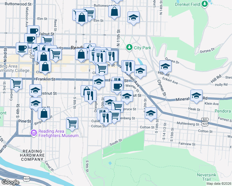 map of restaurants, bars, coffee shops, grocery stores, and more near 1055 Chestnut Street in Reading