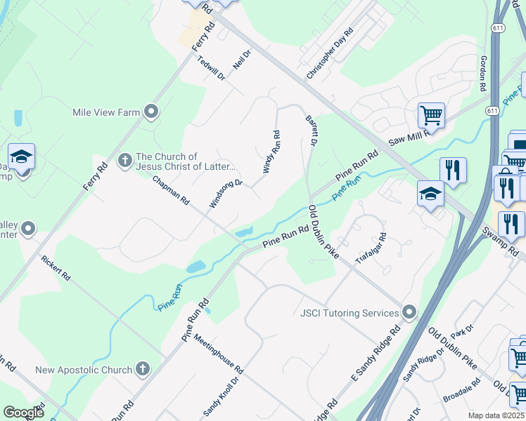 map of restaurants, bars, coffee shops, grocery stores, and more near 118 Windsong Drive in Doylestown